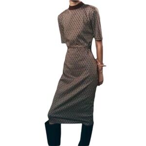 Zara Sz S Jaquard Brown Blue Geometric Mock Neck Belted Sweater Dress EUC